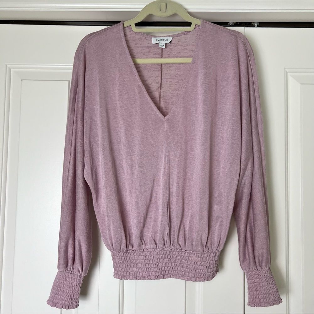 Evereve Mauve Pink V-Neck Long Sleeve Smocked Hem Blouse